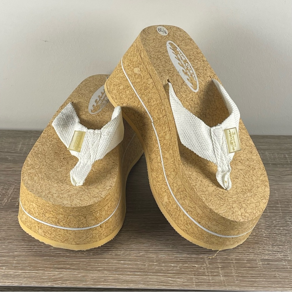 Y2K Blue Ocean Chunky Platform Flip Flops Wedge Thong Sandals - Size 9 - Picture 4 of 5